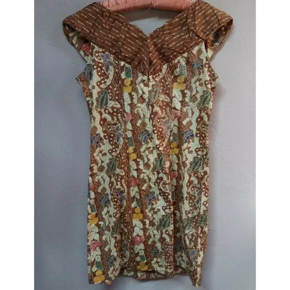 Batik Keris Womens Cotton Brown Floral Off Shoulder Shift Dress Small Sleeveless - Picture 2 of 5